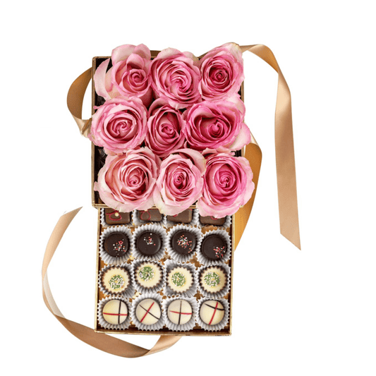 Flowers Gift Box Square, Gold with Chocolates - My Queen